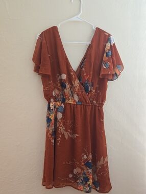 Paper Doll Rust Floral Wrap Mini Dress with Blue Accents